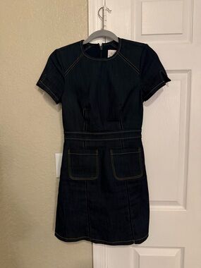 cinq a sept Dark Indigo Denim Mini Dress with Contrast Stitching